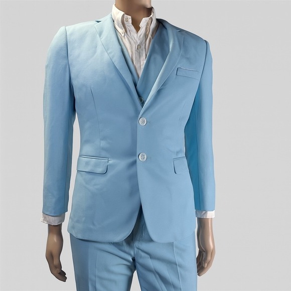 3 Piece Suit Men's 38R (XS) Jacket Vest Pants 30-34 X 29 Adj Waist Light Blue - Picture 2 of 14